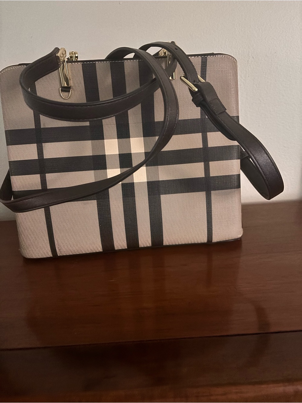 Women’s Beige Plaid Crossbody Tote Bag with Dark Brown Trim